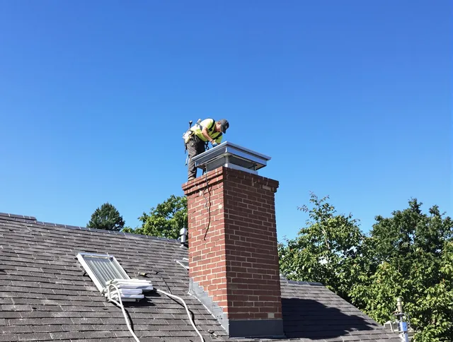 Old Saybrook Chimney Sweep technician measuring a chimney cap in Old Saybrook, CT
