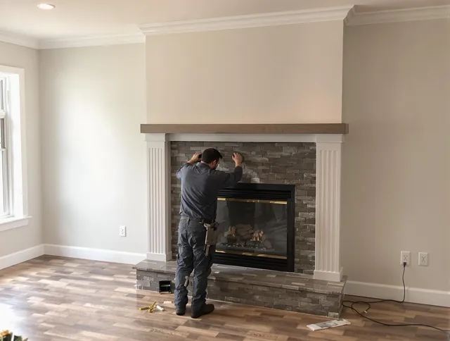 Old Saybrook Chimney Sweep finishing a custom fireplace install in Old Saybrook, CT